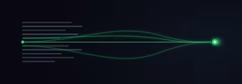 A dark field: a crowded stack of dim grey instruction lines on the left, one lit green, and several green lines sweeping right to converge into a single glowing answer node.